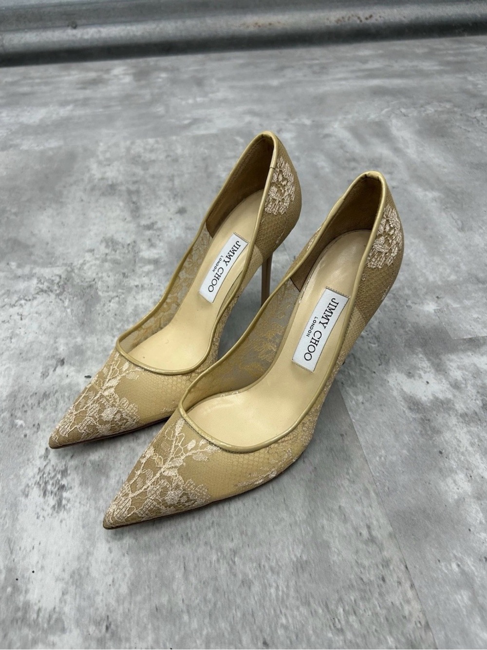 Jimmy Choo Beige Gold Lace Pointed-Toe Stiletto Pumps